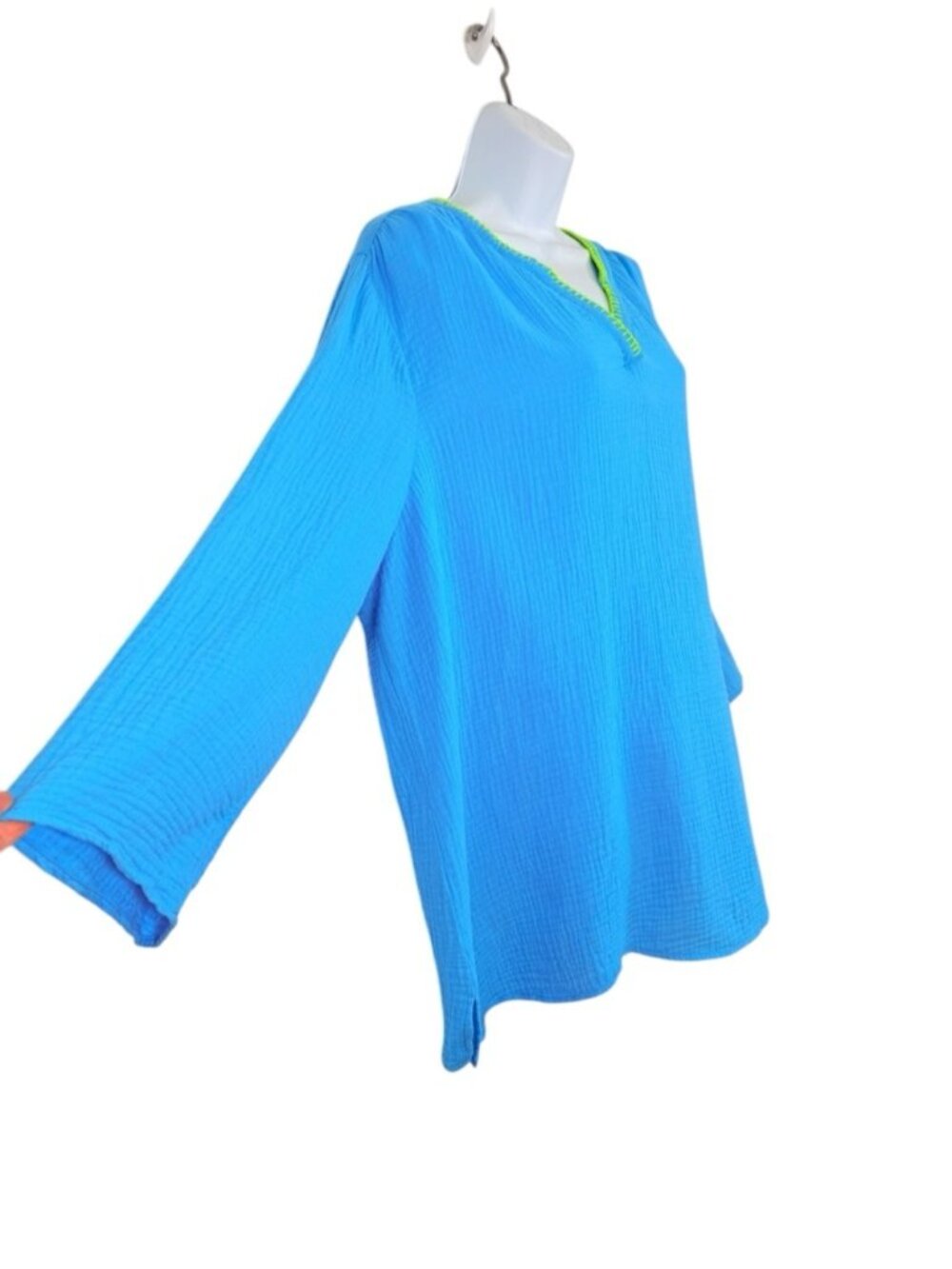 Blue Gauze Tunic Top Neon Stitch Trim XL Boho 100%Cotton - Picture 4 of 6